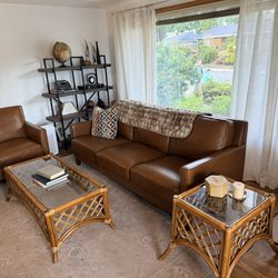 Vintage Rattan Lattice Coffee Table + End Table Set – Glass Top – Coastal / Mid Century