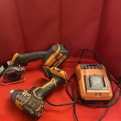 Lot 18V Ridgid Sub Compact Cordless Multi Material Saw. Drill. Charger And Battery