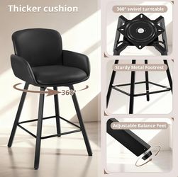 26" Swivel Bar Stools Set of 2, Counter Height Bar Stools with Backrest and Arms, Modern Upholstered Barstools with Metal Legs for Kitchen Island, Bla