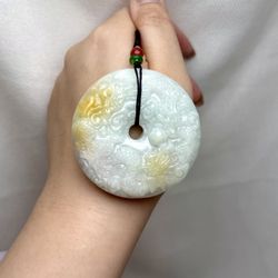 Natural Untreated Carved Jade  9 Dragons Donut Pendant Necklace