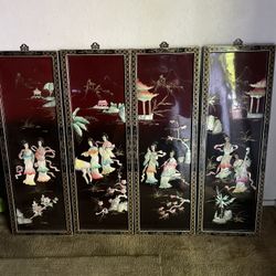 Rare Vintage Oriental Red/Black lacquer Mother of Pearl wall decor