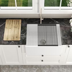 DeerValley White Farmhouse Sink 24 Inch, Single Bowl Farmhouse Kitchen Sink with Grid, Strainer & Workstation Accessories