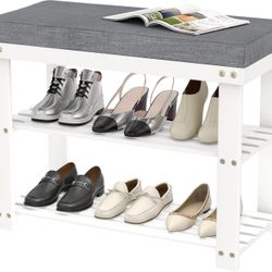 Domax White Shoe Rack Bench for Entryway - Bench with Shoe Storage Front Door Shoe Bench with Cushion Upholstered Padded Seat 3 Tier Bamboo Shoe Holde