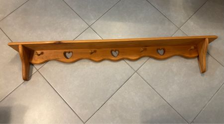 Solid Wood Wall Shelf with Heart Cutouts and Pegs