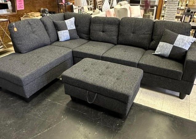 New special black gray linen sectional pillows storage ottoman