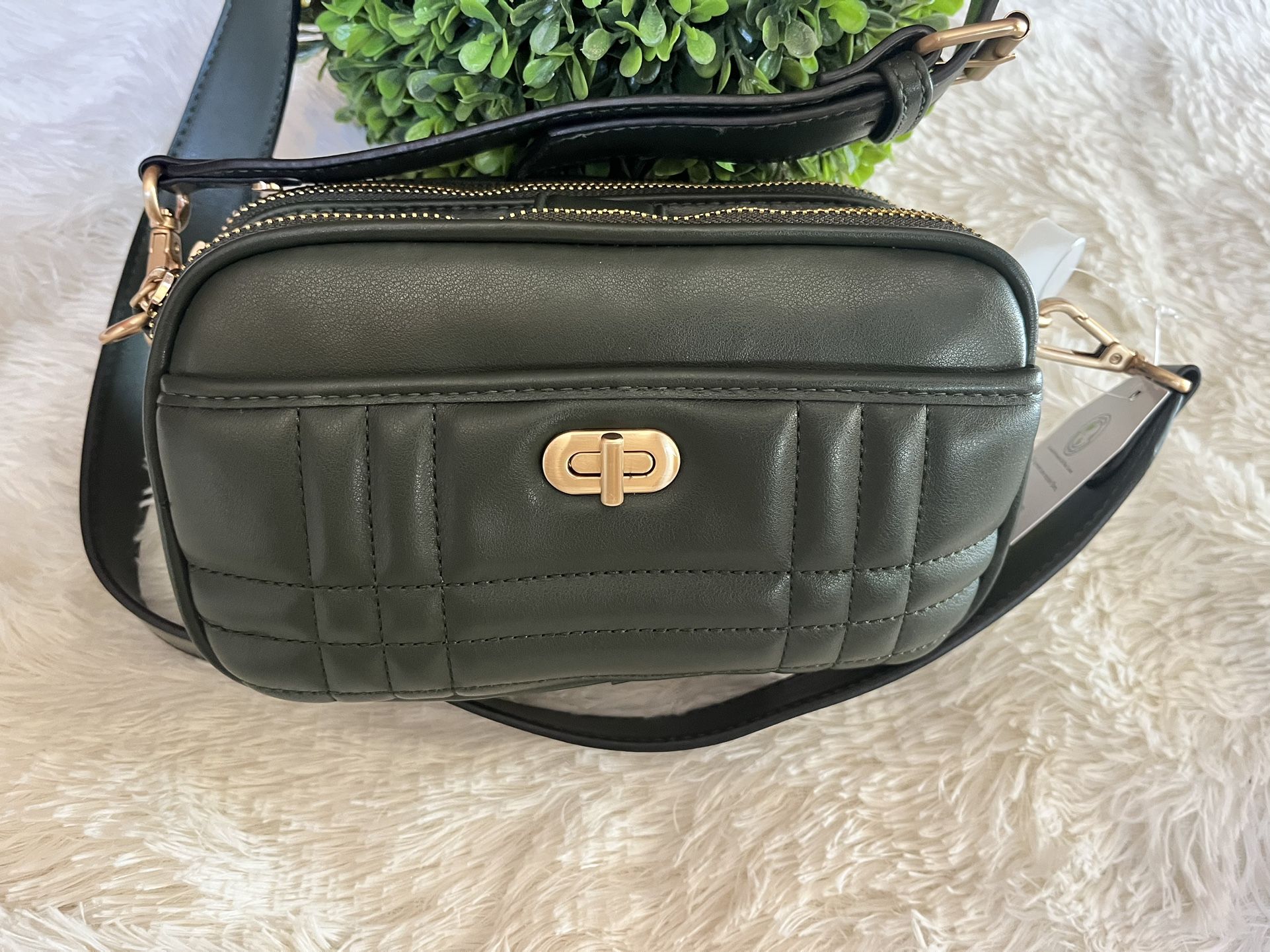 Green Quilted soft vegan leather crossbody  camera bag 