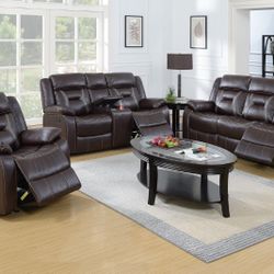 Brown Faux Leather Manual Motion Sofa Set 
