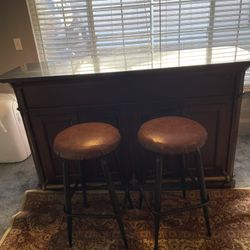 Wood bar With Black marble and 2 Stools. 69 Inches Long with 42 Inches Height, 24 Inches Wide. 