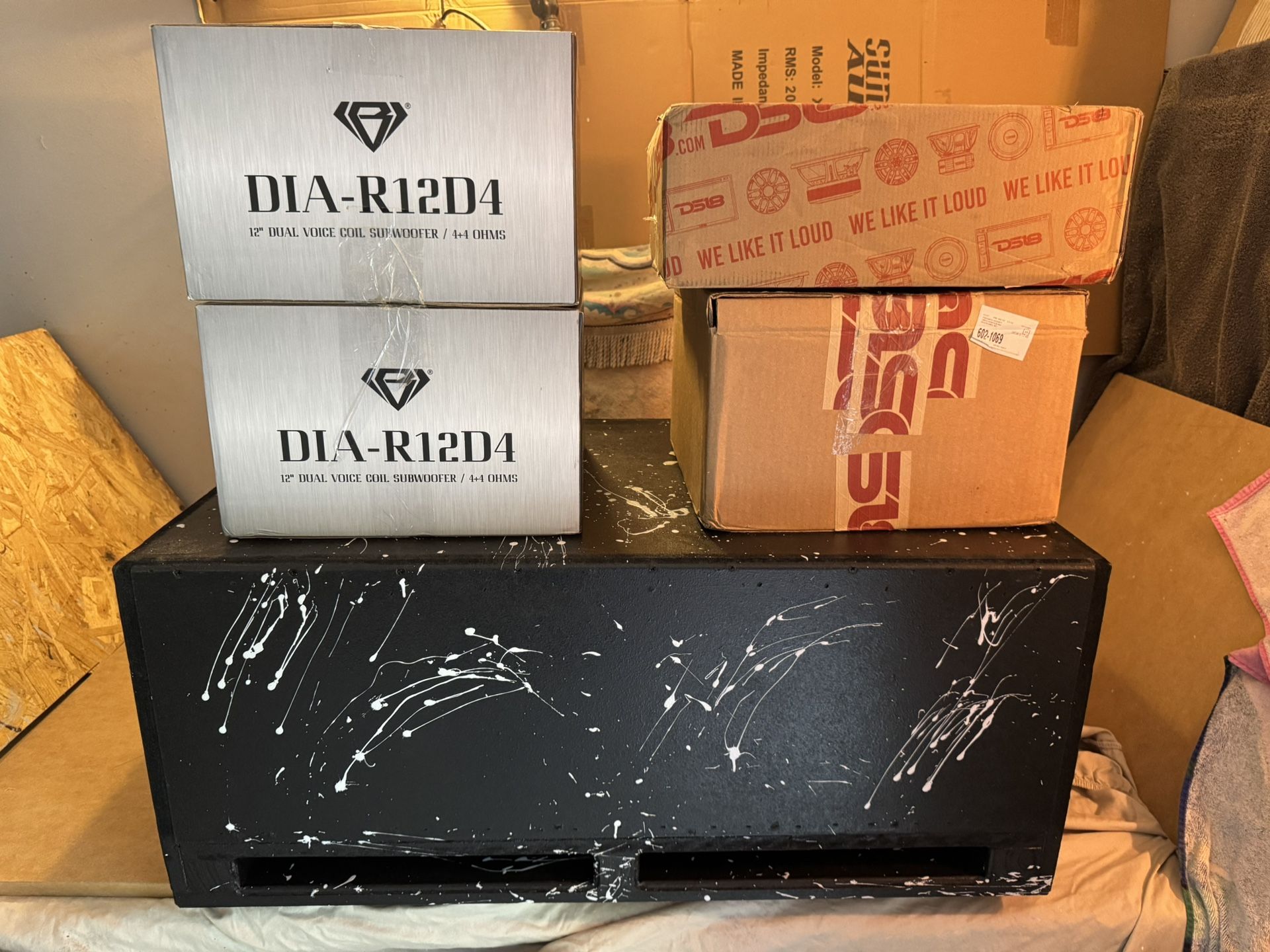 //All Brand New// 2..DS18..2 12 inch Subwoofers Black Diamond 1000 W Mono Block Amplifier Custom Built Ported Box Bottom Port Tuned 32 Hz