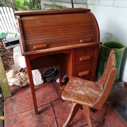 Child's Antique Rolltop Desk And Chair 