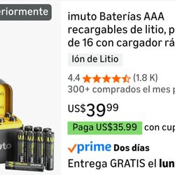 imuto Rechargeable AAA Lithium Batteries, 16-Pack with Fast Charger, 1300 mWh 1.5 V Constant Output Triple A Lithium Batteries, 1600 Long-Lasting Cycl