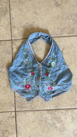 Y2K Embroidered Floral Denim Halter Vest Top