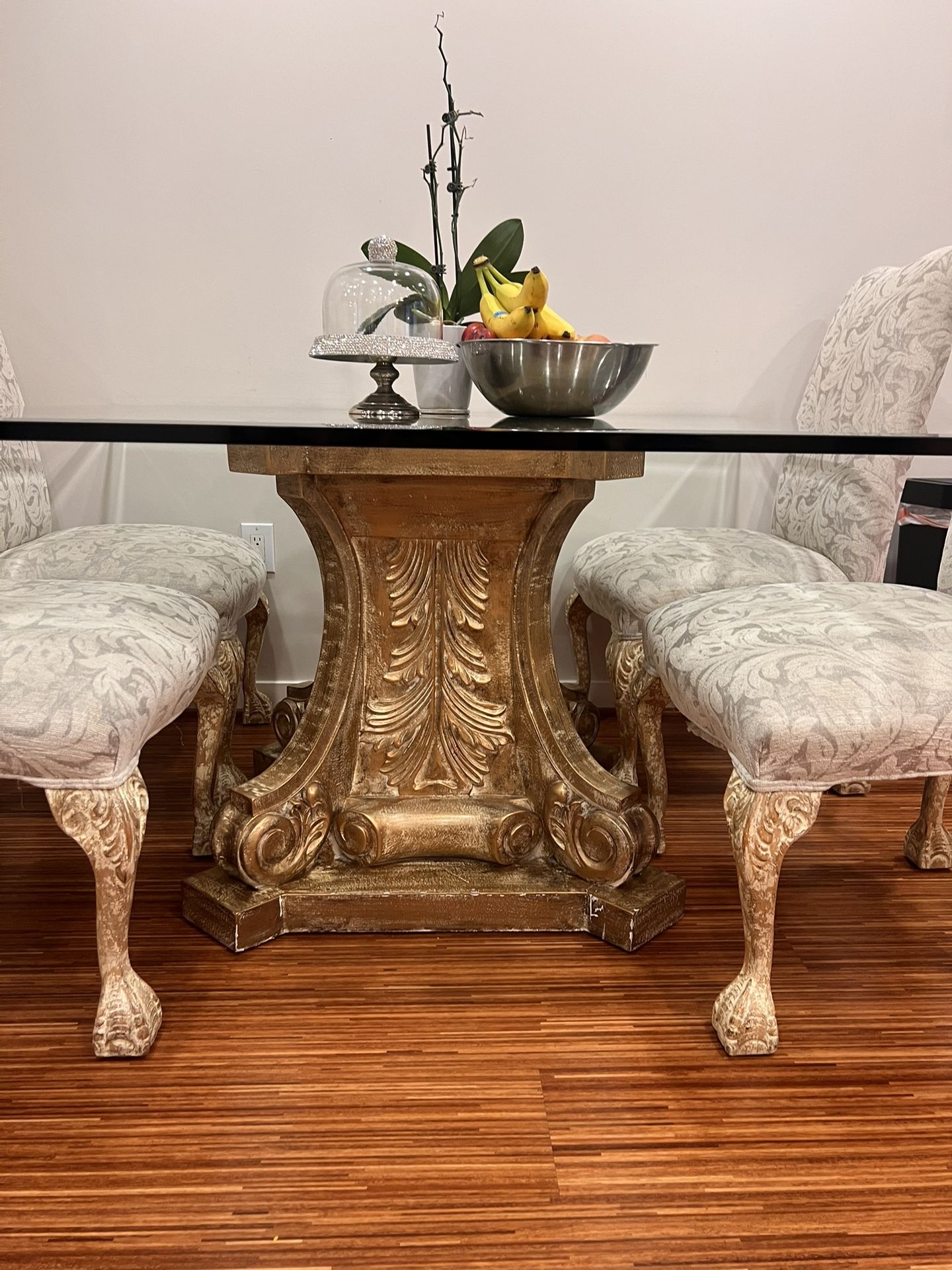 Elegant Glass Dining Table – 72” x 72” x 30” – Ornate Gold Base