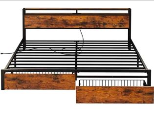 King Bed Frame with Storage Headboard, Platform Bed with Drawers and Charging Station,