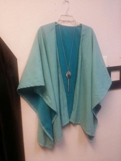 Turquoise faux suede poncho with tassel necklace (One Size)