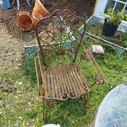 Antique French Wrought Iron Garden Armchair  Rustic Patina .