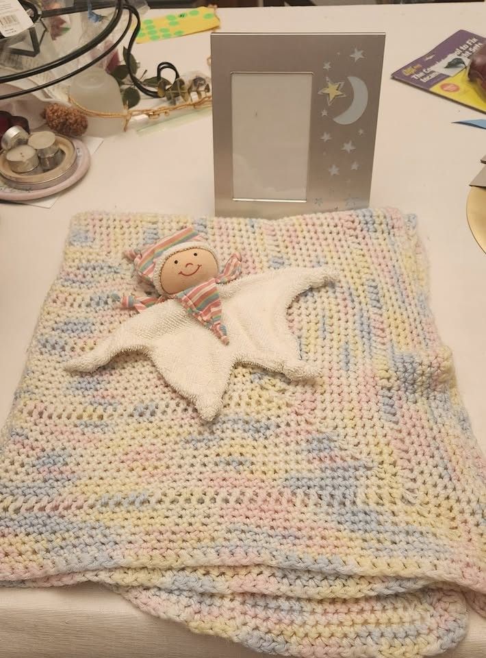 3Pc Set Hand Crochet Pastel Baby Blanket, Snuggle Doll, Baby Photo Frame