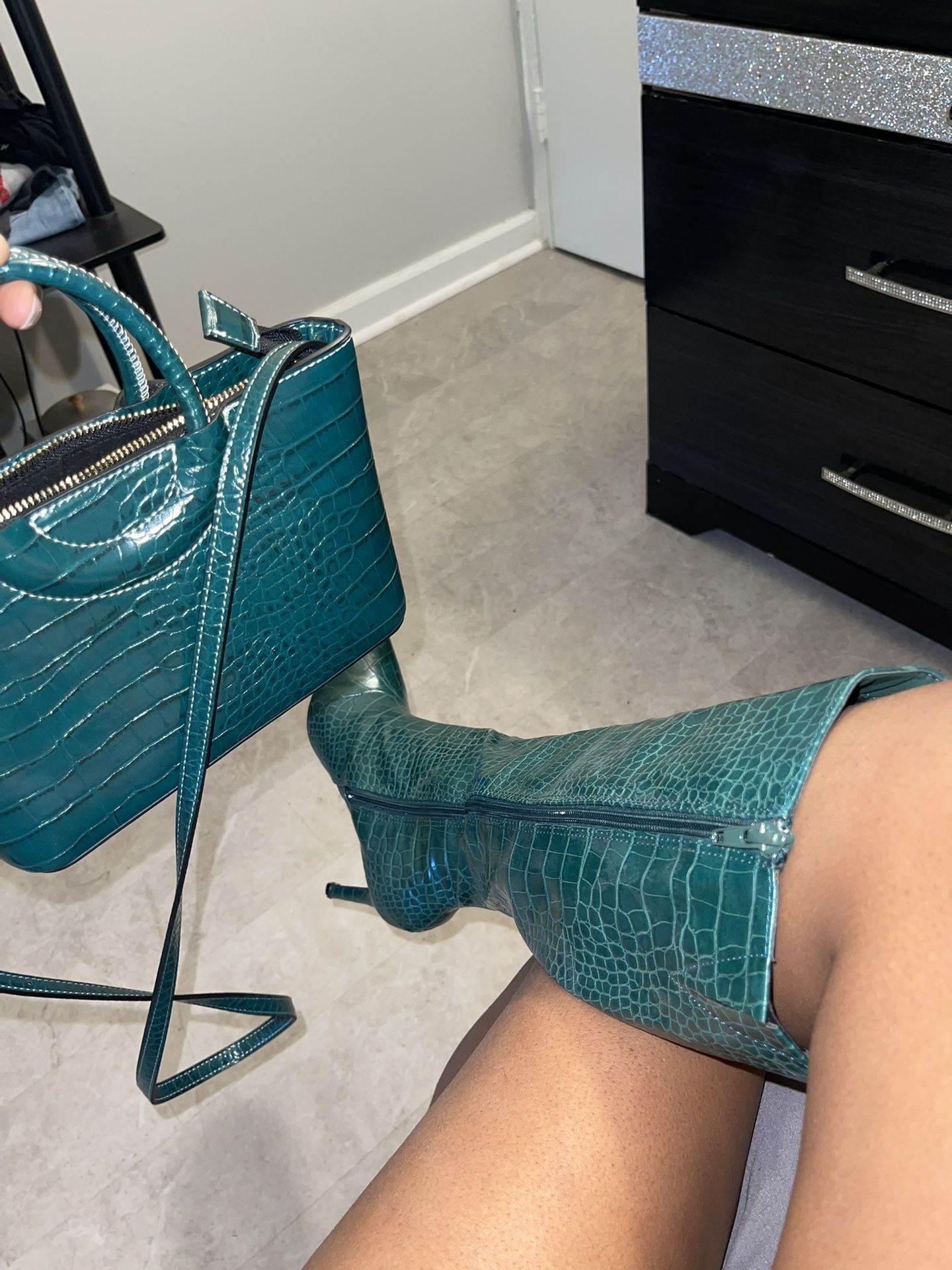 Beautiful Green Faux Snake Skin Knee High Boots 