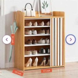 Rack Organizer with Dustproof Cover Rectangle Free Standing Shoe Storage Cabinet for Entryway Wood (6 Tiers 17 Inches, Maple & Multicolor)