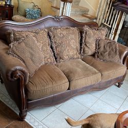 Dark Wood And Faux Leather Sofa 