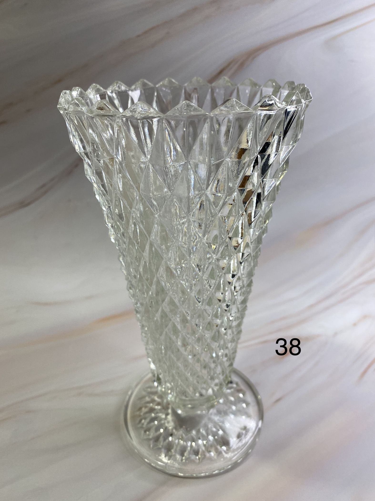 Vintage Indiana Diamond point Pattern 8 inch tall flower vase with Diamond cut Design. 