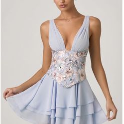 Sakura Ruffled Corset Mini Dress in Floral Blue
