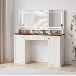 46.5'' Makeup Vanity Desk with Mirror and Lights, Large Storage Vanity Table with Draws and Cabinets 3 Clors LED Lighted Mirror Dressing Table with US