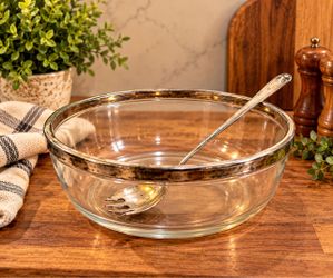 Glass Salad Bowl with Silver Rim and Server