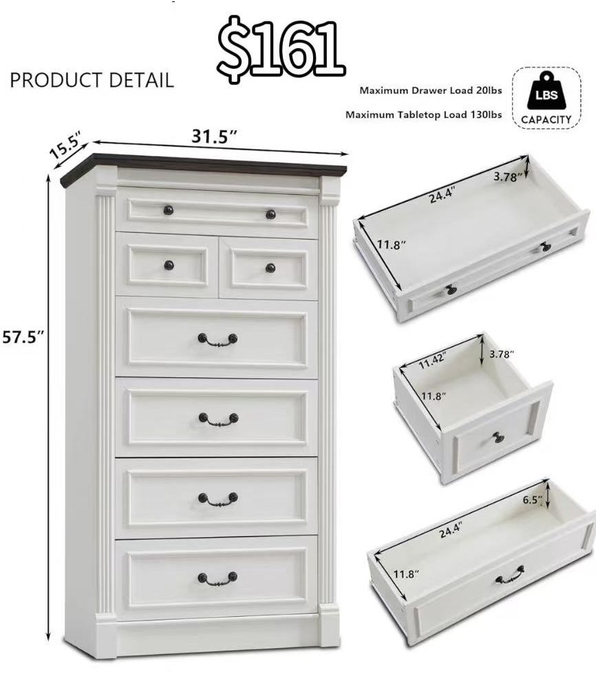 ✌️ MIHOVER 57" Farmhouse Dresser with 7 Drawers, Rustic Wood Closet Storage with Roman Column for Bedroom