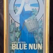 Vintage Imported Blue Nun Glass Mirror Wood Frame German Bar Sign