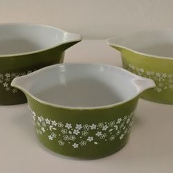 Vintage Pyrex 70s 3 Bowls Avocado Green Spring Blossom Crazy Daisy