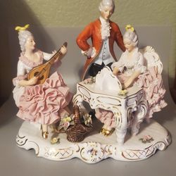Vintage Dresden Lacework Musical Figural Group with Harpsichord and Mandolin