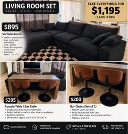 Modern Black Sectional Couch + Bar Tables & Chairs