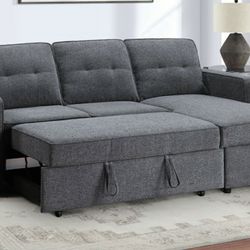 Grey Reversible Sleeper Sectional with Storage Chaise (New in Boxes)