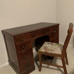 RARE!! Vintage 1940S Solid Wood, Leather Top Pedestal Desk With Original Chair!