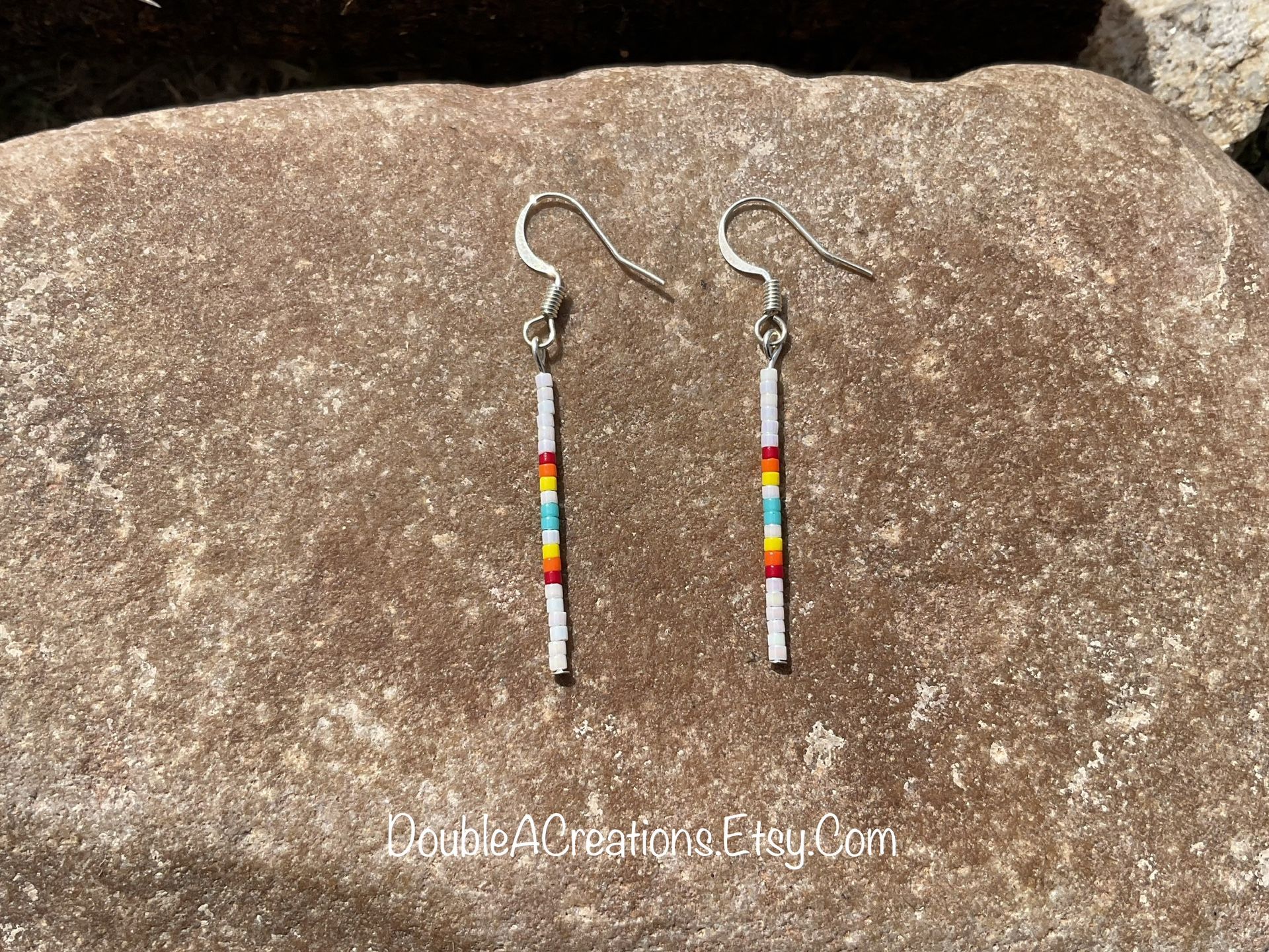 White With Fire Colors Simple Beaded Earrings, New, Handmade By Me