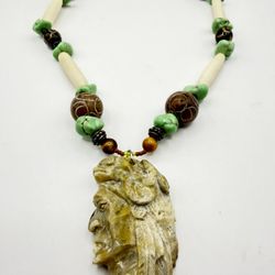 HAND-CARVED SERPENTINE WARRIOR PENDANT NECKLACE with MIXED BEADS