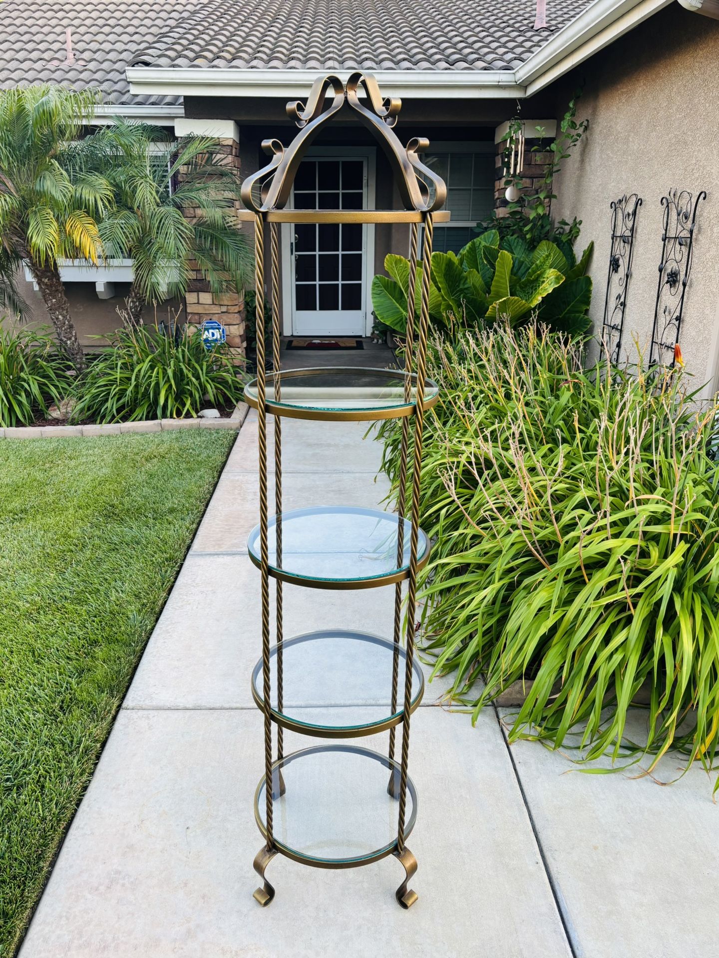 VINTAGE MID CENTURY WROUGHT IRON ETEGERE SHELF W/ 4 X RD. GLASS SHELVES (16” DIA X 70”H)