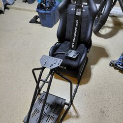 NLR Sim Seat/Monitor Stand, Moza R5 Base, SR-P Lite Pedals, And Wheel