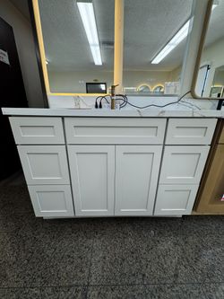 48in Beige Vanity + Amber Mahal Top + 48in LED Mirror