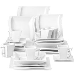 MALACASA Ivory White Dinnerware Sets, 30-Piece Porcelain Plates and Bowls Sets, Modern Dish Set for 6, Square Plates Dinnerware Set Kitchen Dishware S
