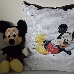 Mickey Mouse Sequin Pillow size 14" x 14" and Vintage Mickey Mouse Plush 
