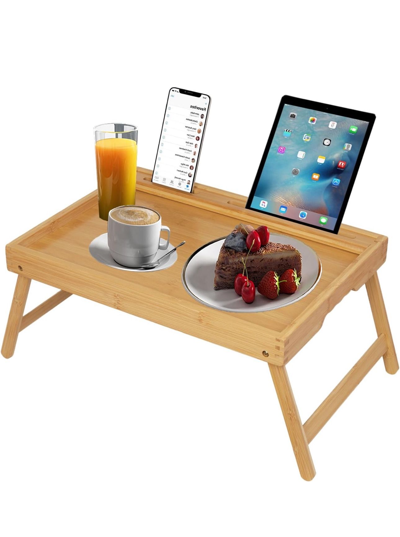 New Bed Tray Table with Handles Folding Legs, Bamboo Breakfast Food Tray with Media Slot, Use As Platter, Laptop Desk, Snack, TV Tray Kitchen Serving