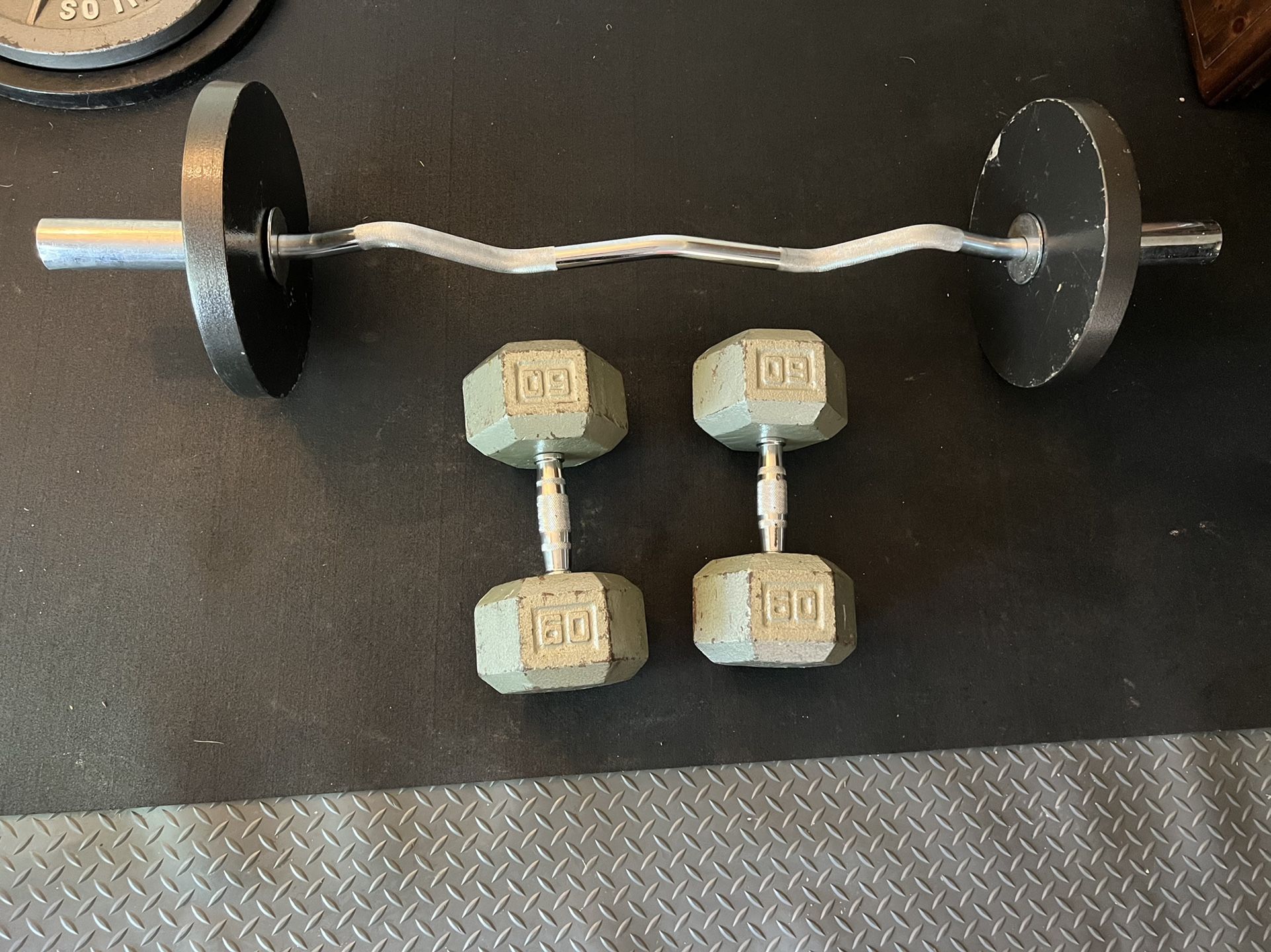 Dumbells And Curl Bar With Weights