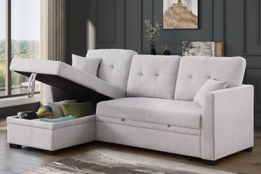 NEW Light Gray Fabric Sectional with Reversible STORAGE Chaise Couch Left Right Pullout Sleeper Bed Sofabed Sofa Set Small Living Room Space Saving 