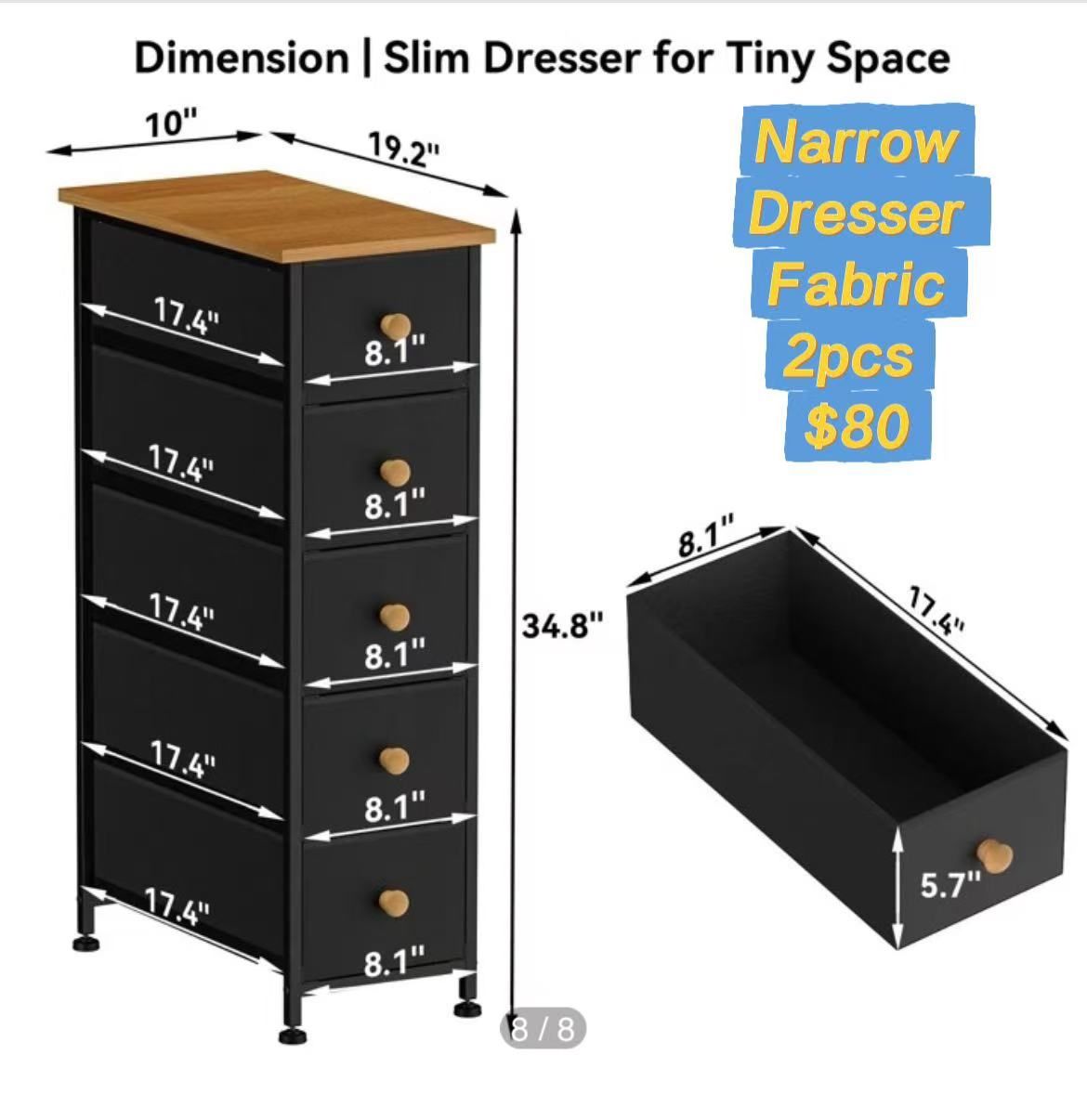 😀 2Pcs Narrow 5 Drawer Slim Storage Tower Dresser with Steel Frame & Wood Top, Black