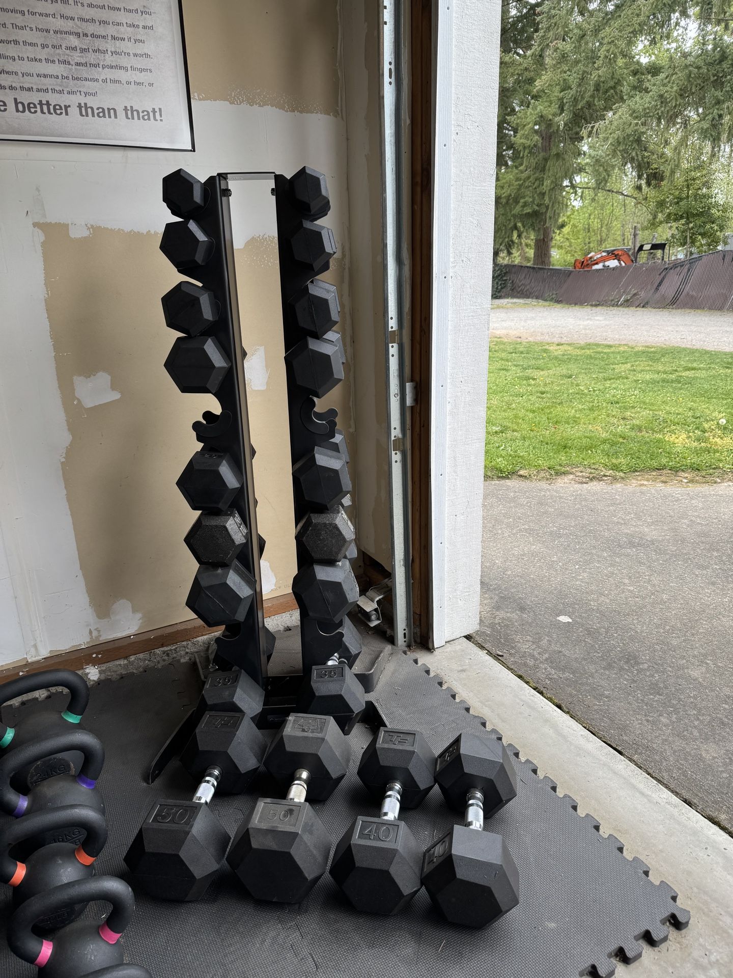 Rubber Hex Dumbbell Set w/ Weight Tree