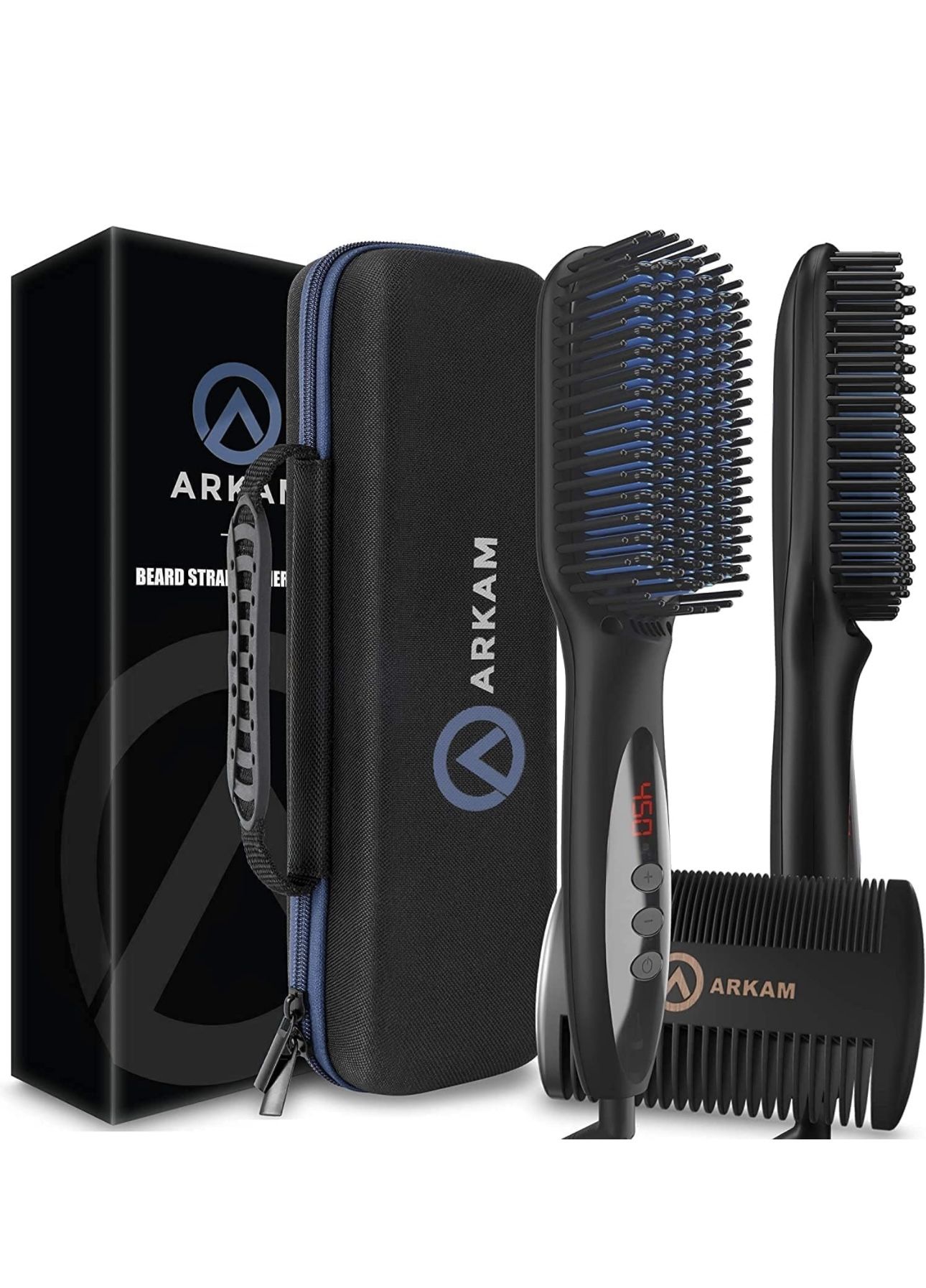 Arkam Beard Straightener for Men -Premium Heated Beard Brush Kit w/Anti-Scald Feature, Dual Action Hair Comb and Hard Shell Travel Case for Medium to