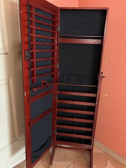 Standing Mirror Jewelry Armoire — Cherry Wood