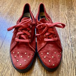 Vtg. Women Sz 7 Stuart by Stuart Weitzman Red Suede Gold Stud Lace Up Sneakers